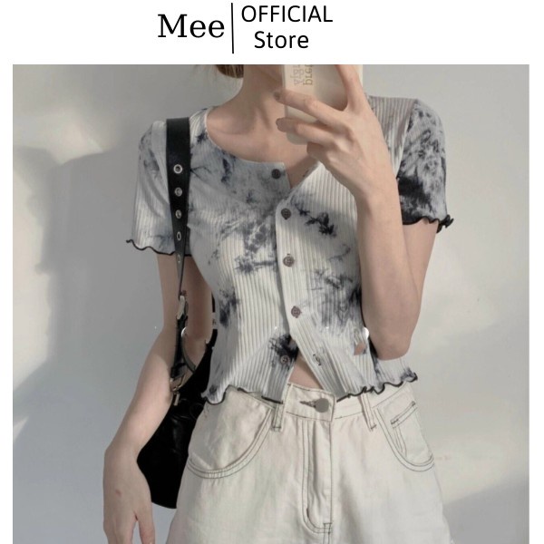 [Hàng VNXK]Áo Croptop Loang Viền Bèo - Phông Thun Loang Nhiều Màu Nữ Dáng Ôm Cuốn Viền Cổ Tim Ulzzang