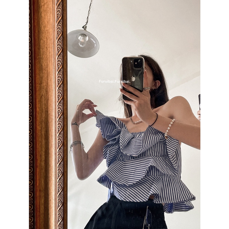 Áo quây lệch vai kẻ sọc xếp tầng cách điệu hai dây ulzzang sherry cabinet