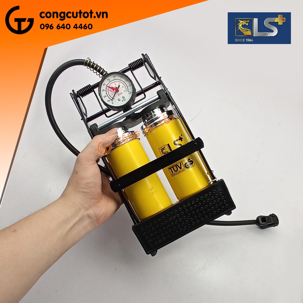 Bơm chân 2 ống pitong 440cc áp 100psi 7 cân hơi hiệu LS+ bơm xe đạp, xe máy, oto...