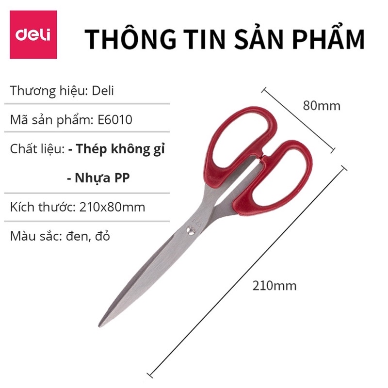 Kéo cắt giấy Deli 6009 – 6010 Binkids kéo văn phòng 2 màu đen đỏ hàng chính hãng TB21