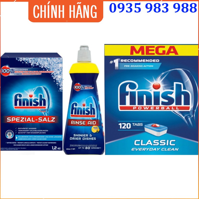 Combo 120 viên rửa bát finish classic + muối rửa bát Finish 1.2kg + Nước làm bóng Finish 400ml dùng cho máy rửa bát