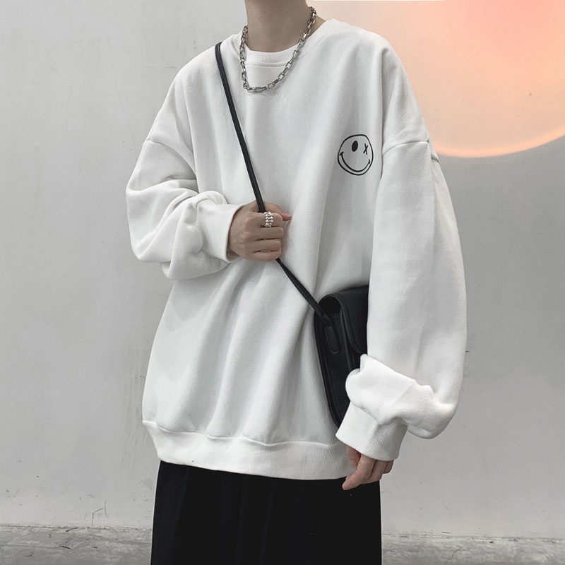 Áo sweater cổ tròn tay dài dáng rộng in hình mặt cười phong cách đường phố Hong Kong thời trang thu đông cho nam