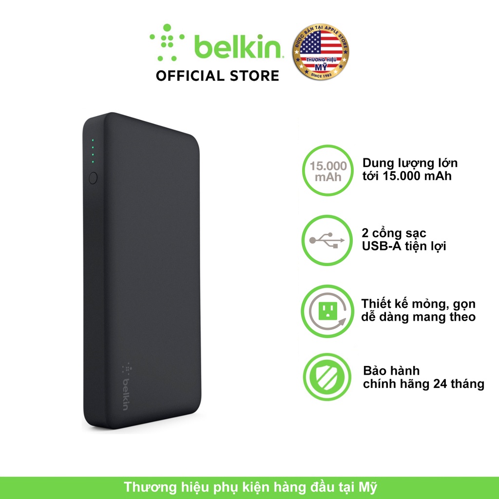 Pin sạc dự phòng Belkin Pocket Power 15.000mAh màu đen + Cáp sạc Micro, sạc nhanh 3.4A F7U021btBLK Sản phẩm chính hãng