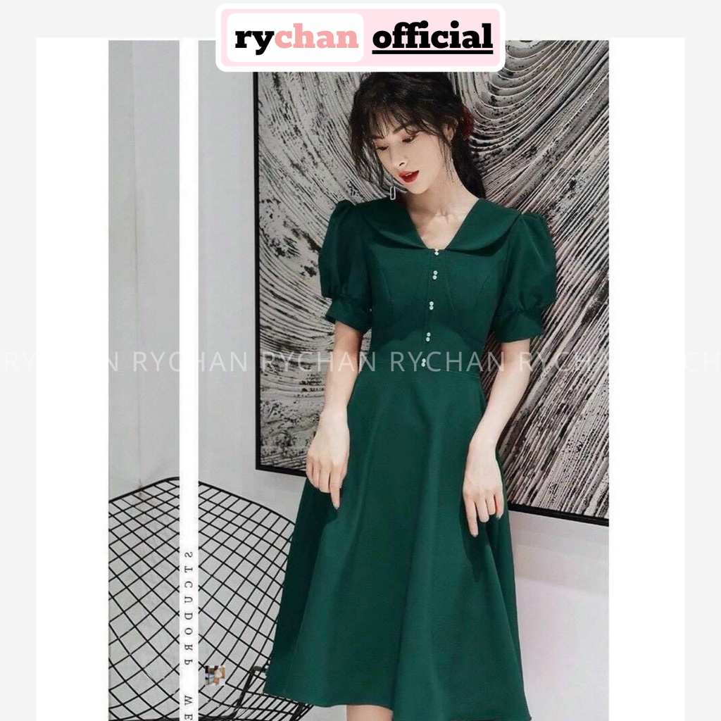 Đầm Xòe Midi Cổ Lá Sen Tay Phồng Chiết Eo Màu Xanh Đỏ - DX0020