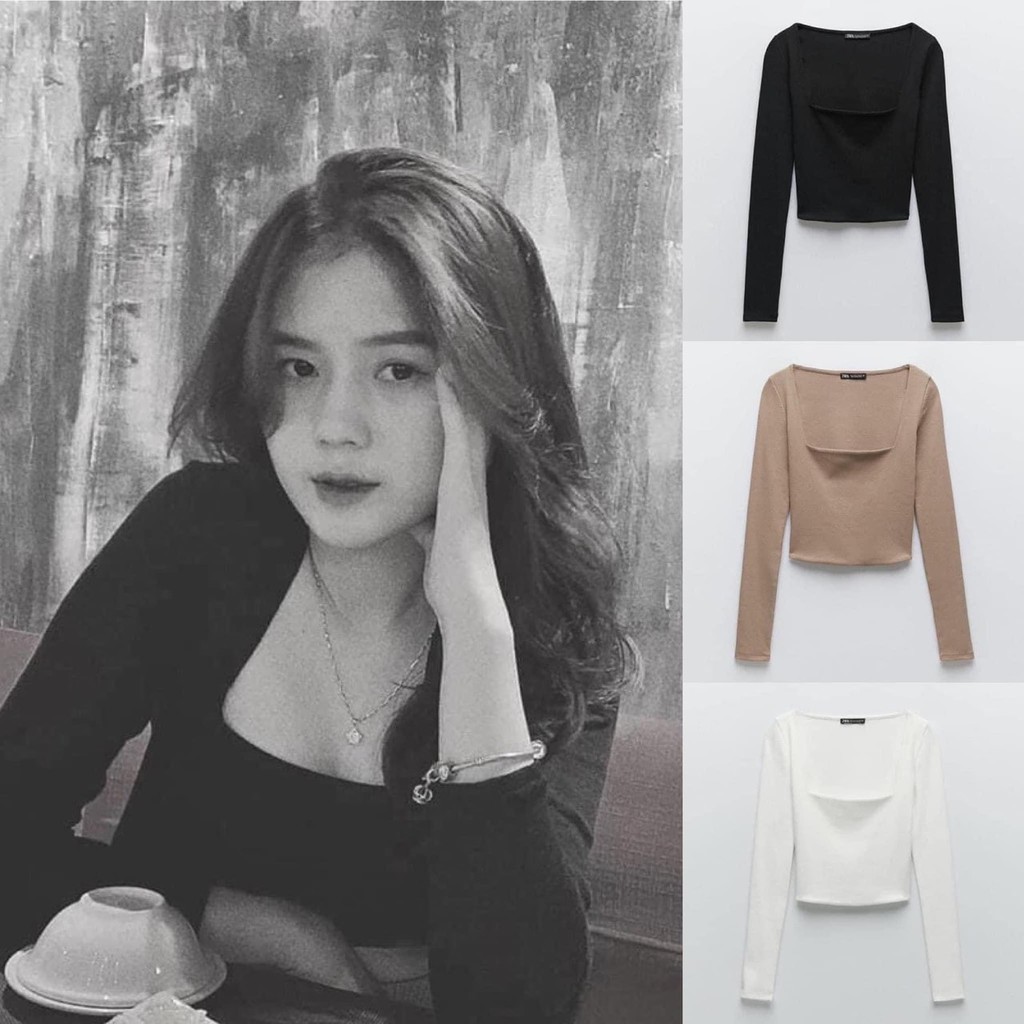 Áo Croptop Len ZIP Cổ Vuông Nữ ♥ Thun tăm dài tay, phông trơn body dáng suông ôm màu ĐEN | TRẮNG | NUDE Ulzzang HOT ♥