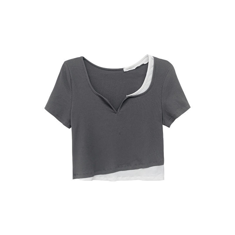 Áo Thun Ngắn Tay Giả Hai Lớp Phong Cách Đường Phố Cho Nữ