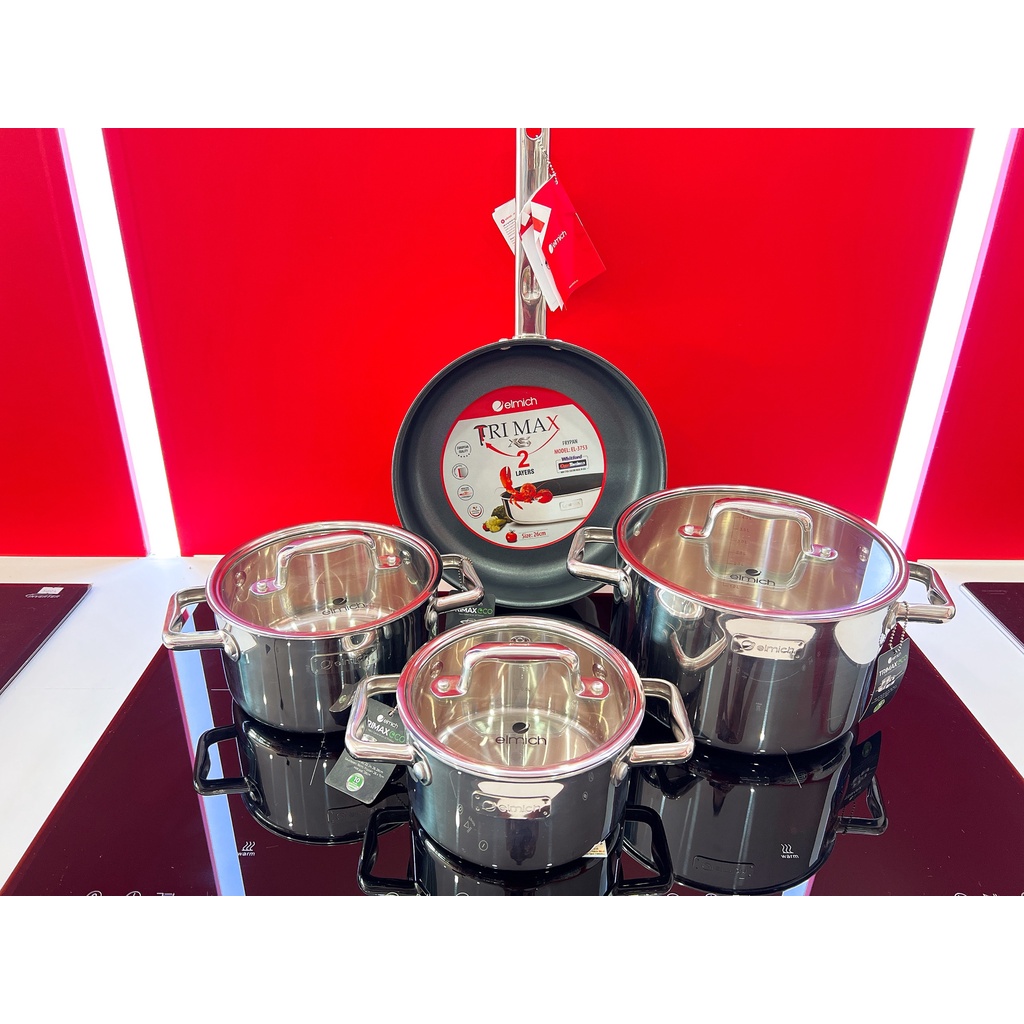 Bộ nồi inox liền khối Elmich Trimax ECO EL-8004 size 18, 20, 26, chảo 26cm