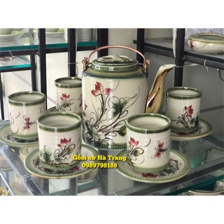 Bộ tích gốm sứ Bát Tràng vẽ thủ công hoạ tiết sen  Dung tích 1,5 lit