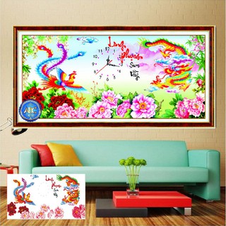 Tranh Đính Đá Đồng Hồ Long Phụng Sum Vầy KT:112*54cm