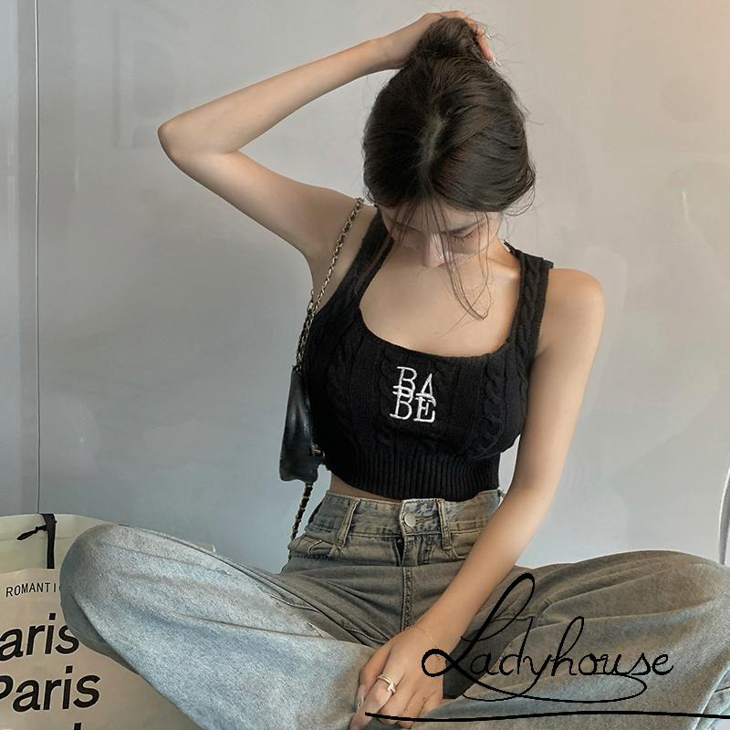 Ldd-áo Ba Lỗ Đan Móc Mỏng Vừa Vặn Cổ Chữ U Thêu Chữ Màu Xanh Lá / Trắng / Đỏ / Đen Cho Nữ