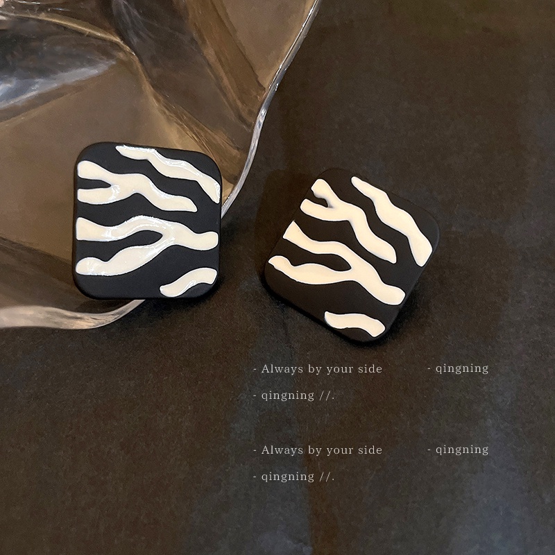 DREJEW Khuyên tai mạ bạc 925 hình vuông kẻ sọc đen trắng phong cách Hàn Quốc đơn giản cho nữ