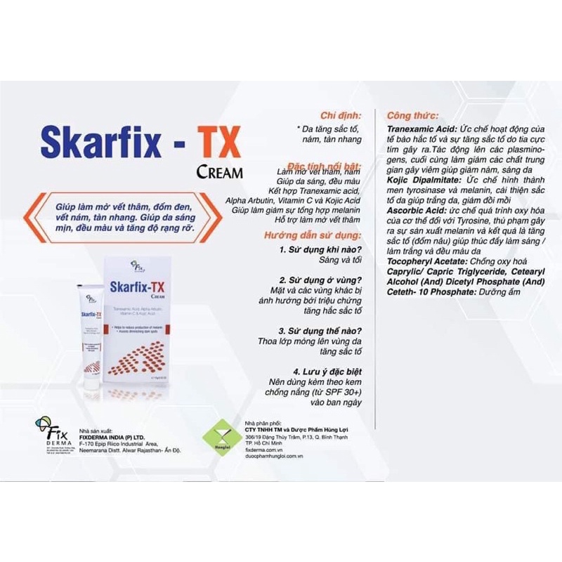 [CHÍNH HÃNG] KEM SKARFIX TX - Kem Dưỡng Trắng Da Mờ Thâm, Tàn Nhang Fixderma Skarfix-TX Cream 15g Tranexamic Acid (2%)