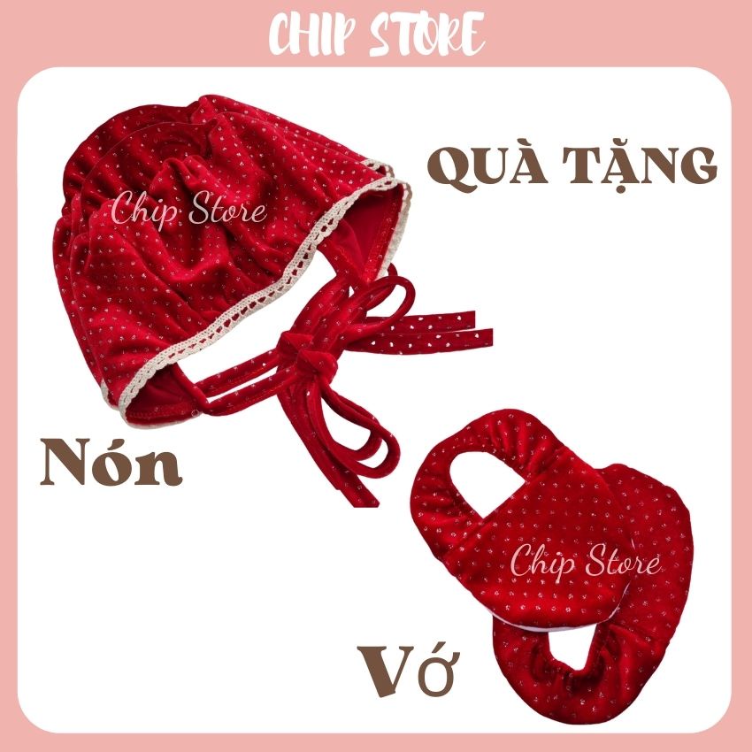 Body dài tay bé gái màu đỏ nhung cao cấp CHIP STORE Tặng kèm nón vớ giữ ấm chân, mặc đầy tháng, Noel, Tết đều xinh