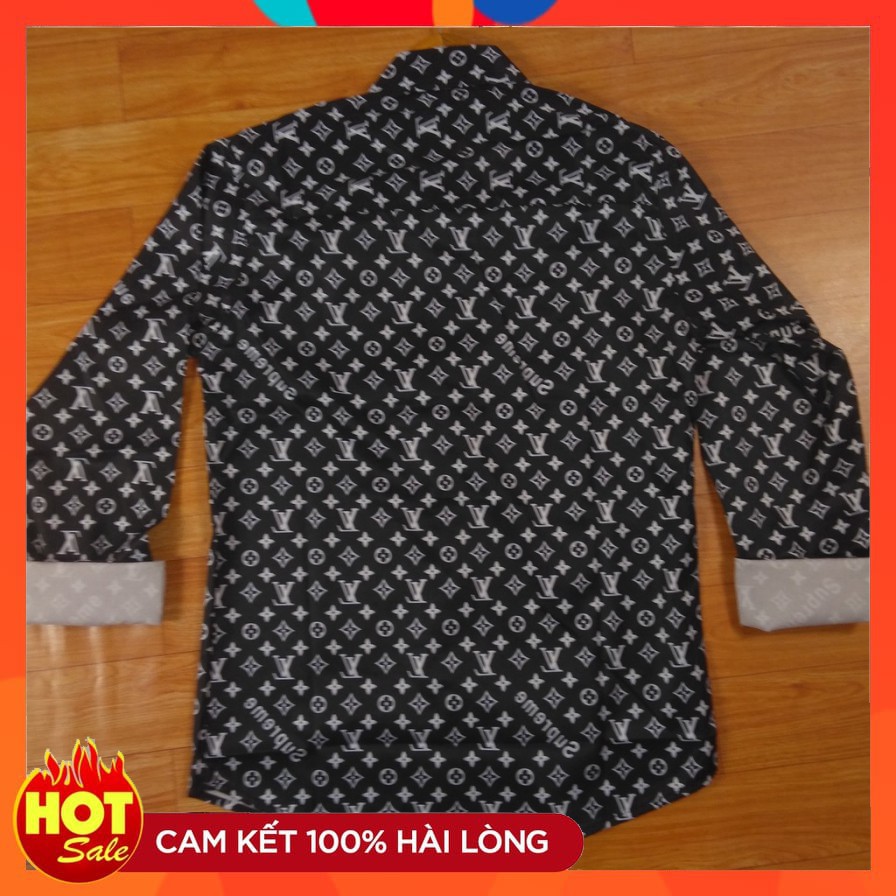 Áo sơ mi nam Hàn Quốc tay dài màu đen họa tiết LV 005
