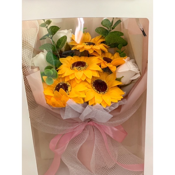 [Quà tặng] Bó hoa sáp hướng dương mix lưới xinh xắn kèm thiệp. Quà tặng sinh nhật, bạn gái, giáo viên, hoa tốt nghiệp