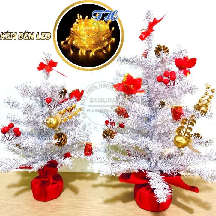 Cây thông noel mini để bàn trang trí giáng sinh màu trắng bạc 40cm 50cm Để Bàn +Full Phụ Kiện +Kèm Dây Led