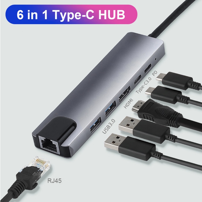 Hub Type-C sang Lan RJ45 + HDMI 4K USB 3.0 + PD 6IN1 USB C sang HDMI