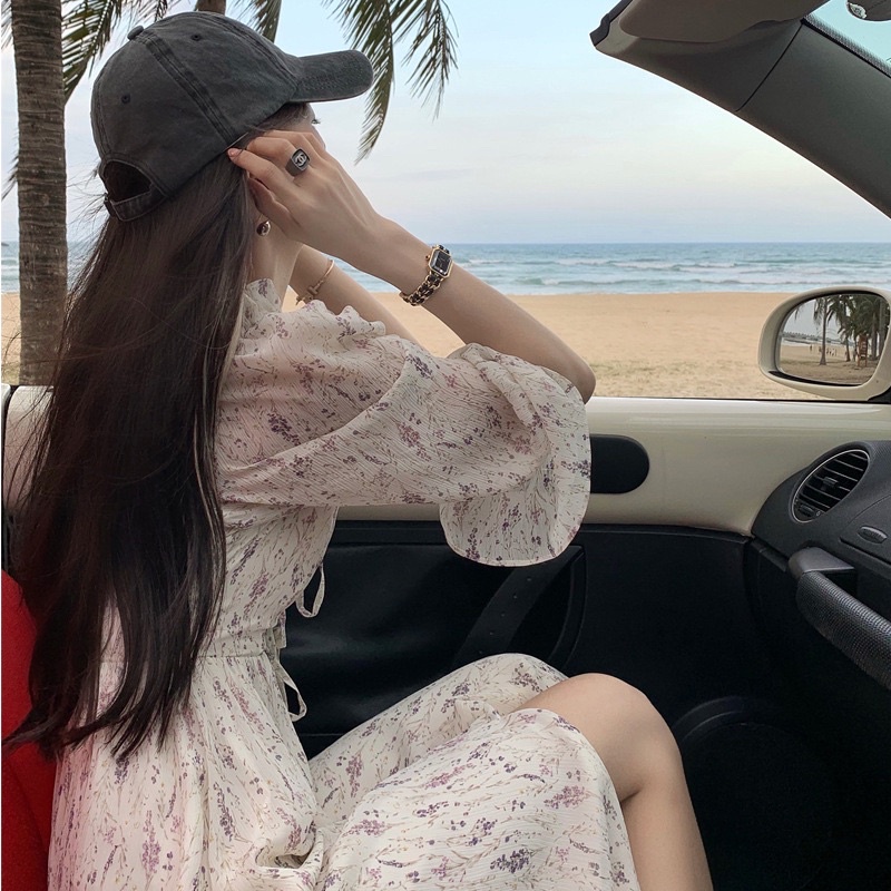 Đầm voan hoa nhí Hàn Quốc tay phồng xẻ vạt dáng xoè