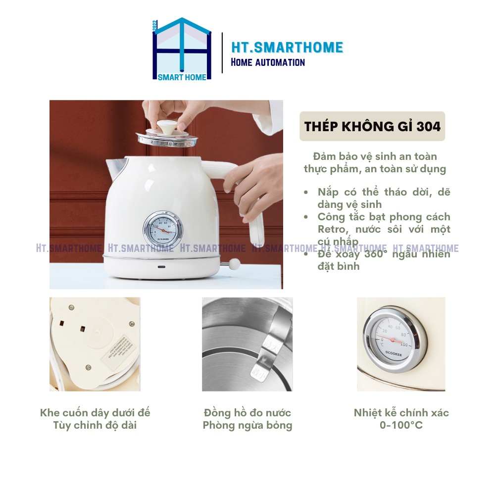 Ấm siêu tốc Ocooker 1.7L phong cách Retro cổ điển - Ấm đung nước 1800w có đồng hồ hiển thị nhiệt độ