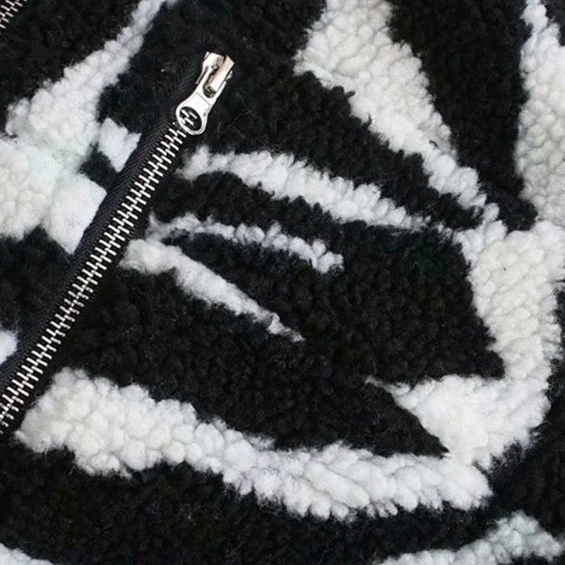 Áo khoác tay dài họa tiết da ngựa vằn khóa kéo làm bằng lông thú giả giữ ấm vào mùa đông dáng ngắn cao cấp