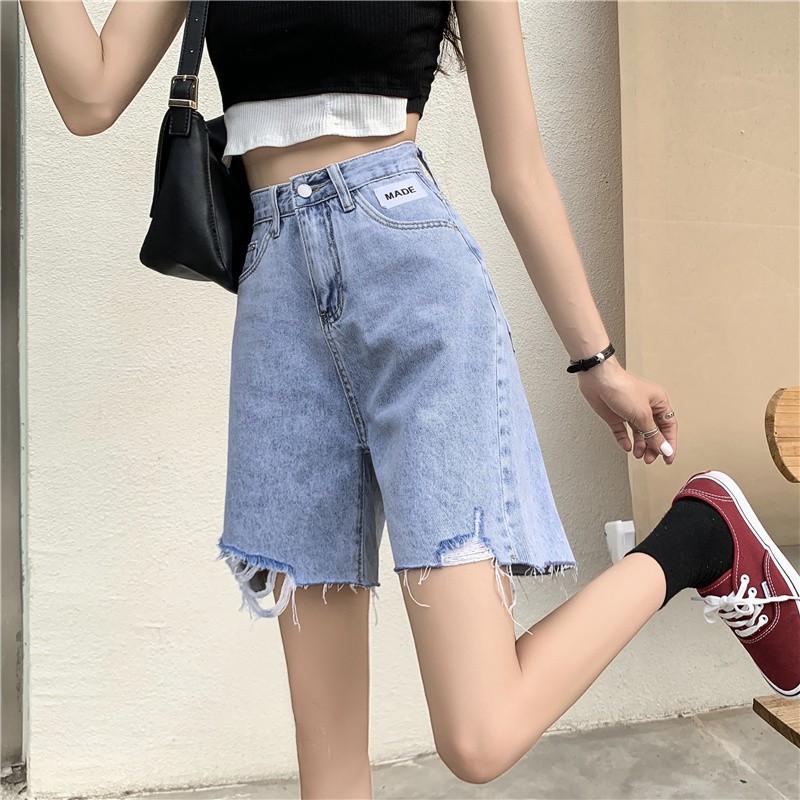 Korean style loose high waist slimming hole raw edge wide leg denim shorts women