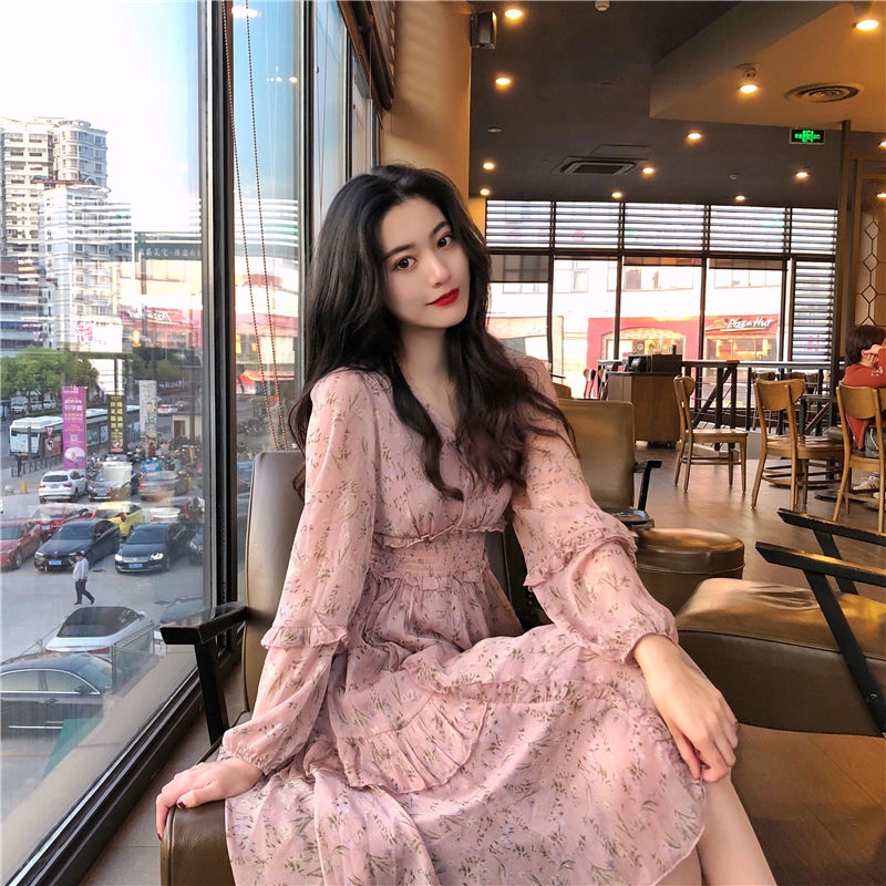 Đầm Maxi tay dài chất Chiffon hoạ tiết hoa nữ tính