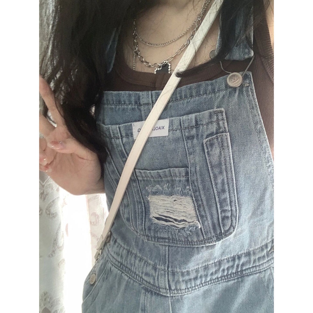 Quần Yếm Denim Ngắn Rách Phong Cách Mới Cho Nữ