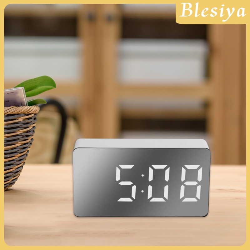 [BLESIYA] Digital Alarm Clock, LED Bedside Clock Dimmable Mirror Display with 2 Alarms/Snooze/Temperature Display, Non Ticking, Portable Travel Alarm Clock