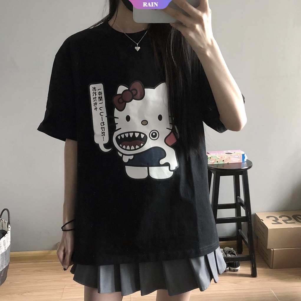 Áo Thun Tay Ngắn Dáng Rộng In Họa Tiết Hoạt Hình Hello Kitty Kiểu Nhật Hàn Dễ Phối Đồ Thời Trang Cho Học Sinh