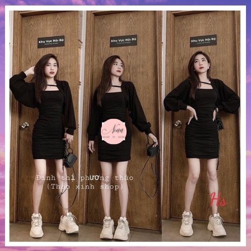 Set Váy Nữ 2 Dây Body Nhúm Kèm Áo Khoác Tay Phồng Đen NinaStore (Ảnh Thật - Có Sẵn)