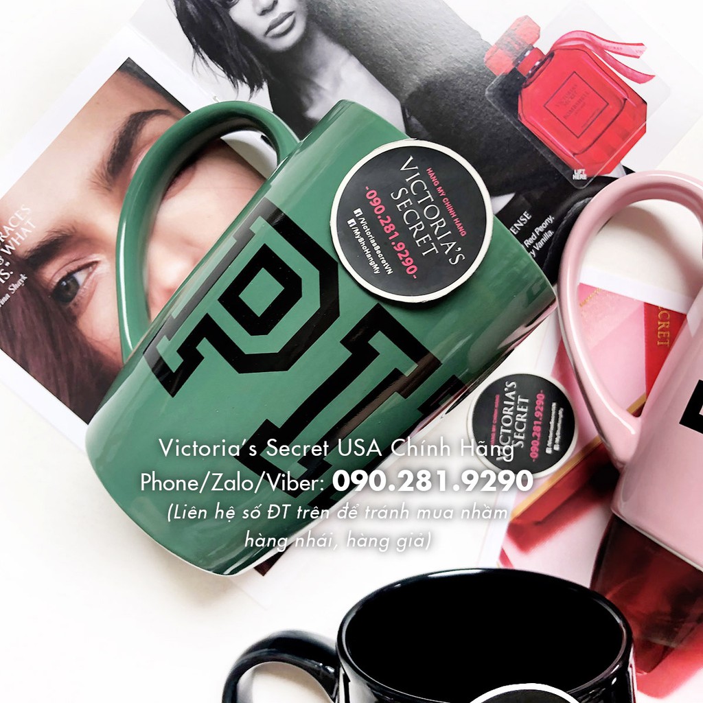 (Ly Ceramic Mug 40) Ly cafe màu xanh lá, in chữ Pink đen thời trang, Ly nước 16,9oz = 500mL - Pink Victoria's Secret
