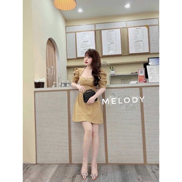 Váy kaki cổ vuông tay bồng hàng loại 1 dáng chữ A hottrend 2022