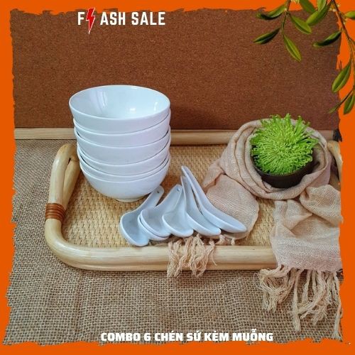 [Sale][ Ở Đây Giá Rẻ ] Bộ 6 Chén Sứ Trắng Trơn Kèm Muỗng Hàng Nhập Khẩu Indo- Hàng Sẵn Tại Kho