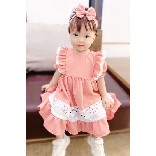 Váy hồng đỗ chân thêu cho bé gái 4 đến 28kg, Đầm Bé Gái Chất Đũi Mềm Mát [A250]