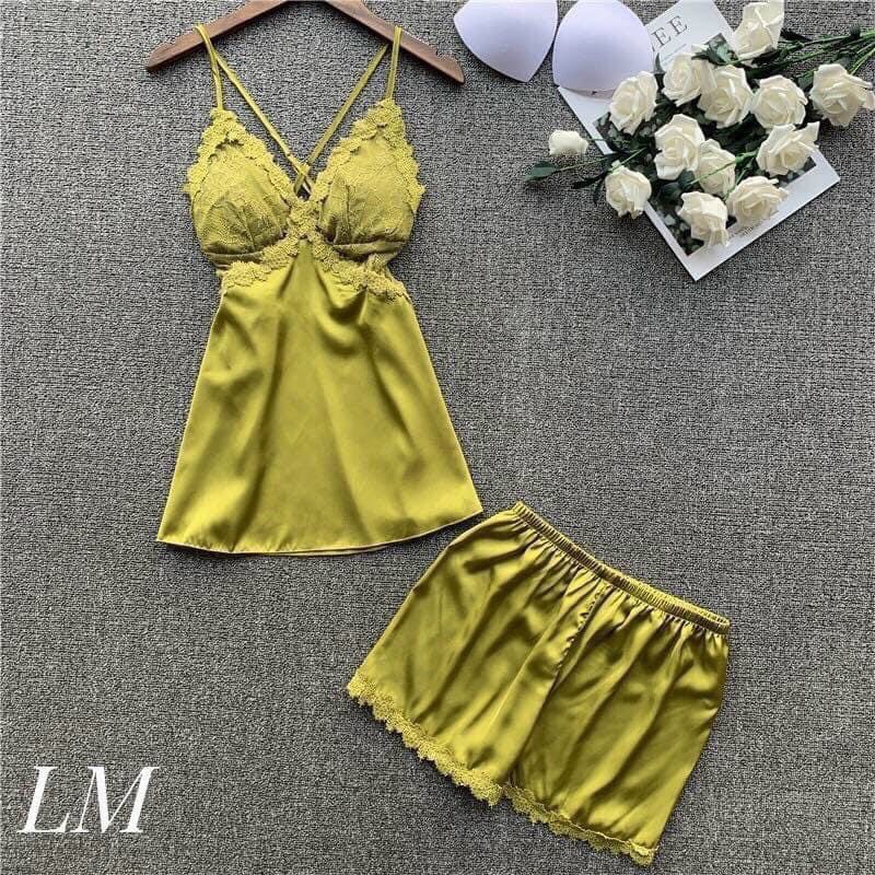 Đồ ngủ sexy 2 dây chéo lưng phối ren gợi cảm Hoàng Tình Store lụa satin cao cấp mềm mịn mặc nhà thoáng mát Freesize