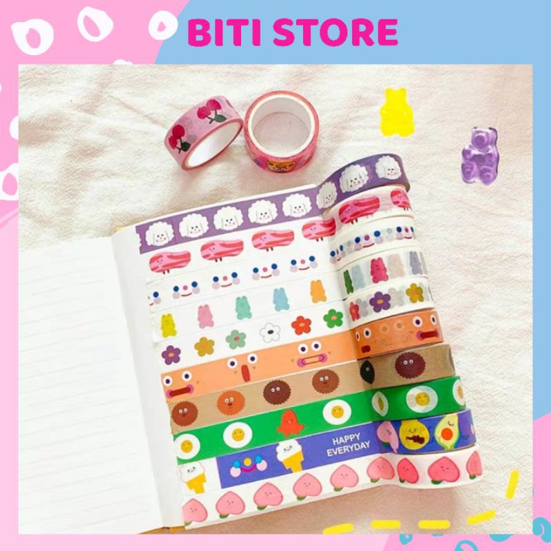 Cuộn Băng Keo, Washi Tape Dán Trang Trí Sổ Tay, Trang Trí Kệ Nhựa Họa Tiết Dễ Thương BiTi BK023