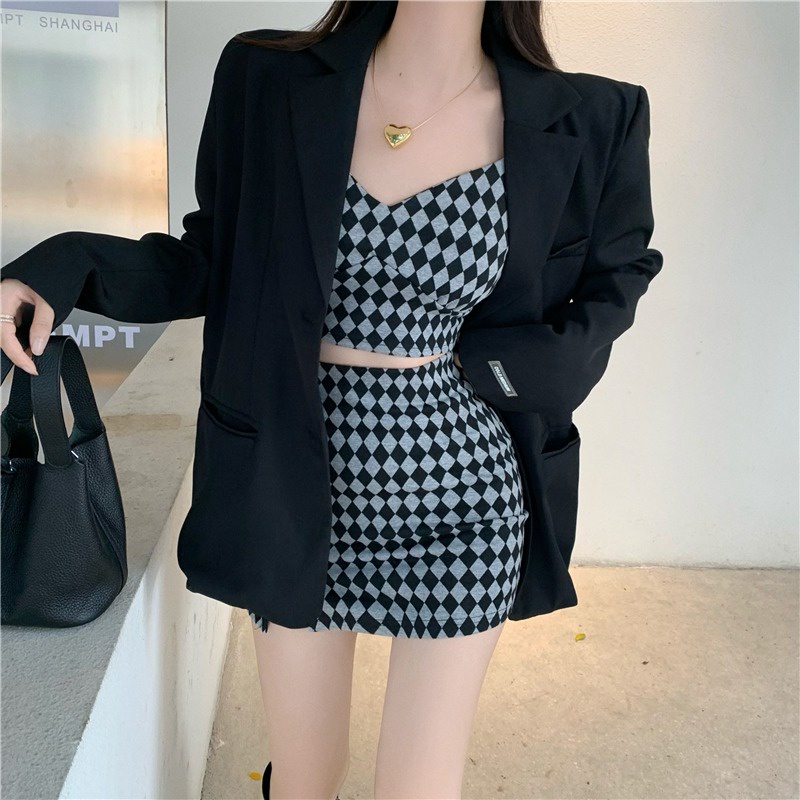 Bộ 2 món ZHELIHANGFEI áo dây dệt kim + chân váy cùng màu kẻ caro