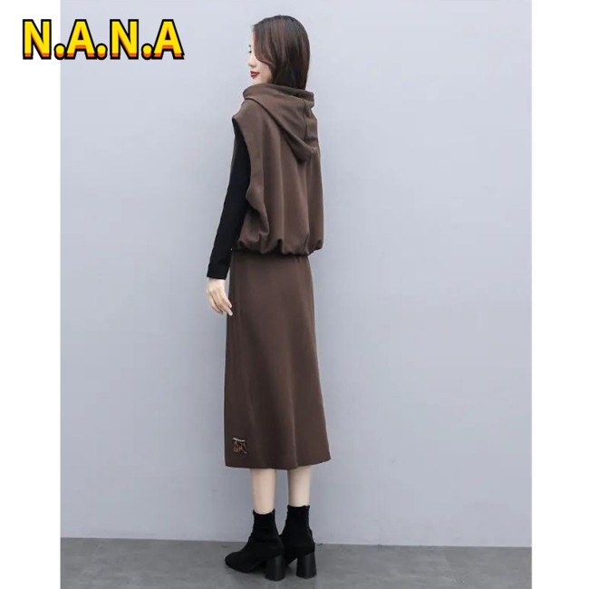 Bộ 2 Món Áo Hoodie Dáng Rộng Phối Chân Váy Thời Trang Mùa Thu Cho Nữ