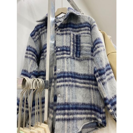 Áo Dạ Tweed Cổ Bẻ Form Rộng Siêu Sang Chảnh, Áo Sơ Mi Dạ Kẻ Xanh