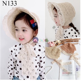Mũ Cói Viền Ren Buộc Dây Ren Cho Bé