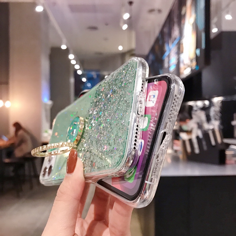 Ốp điện thoại epoxy trong suốt phối kim sa lấp lánh có vòng đỡ cho iPhone 11 Pro Max XS XR X 8 7