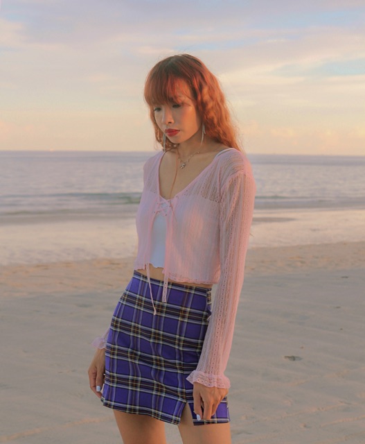 Áo cardigan ren tay dài hồng pastel và đen DALLA SAIGON | BigBuy360 - bigbuy360.vn