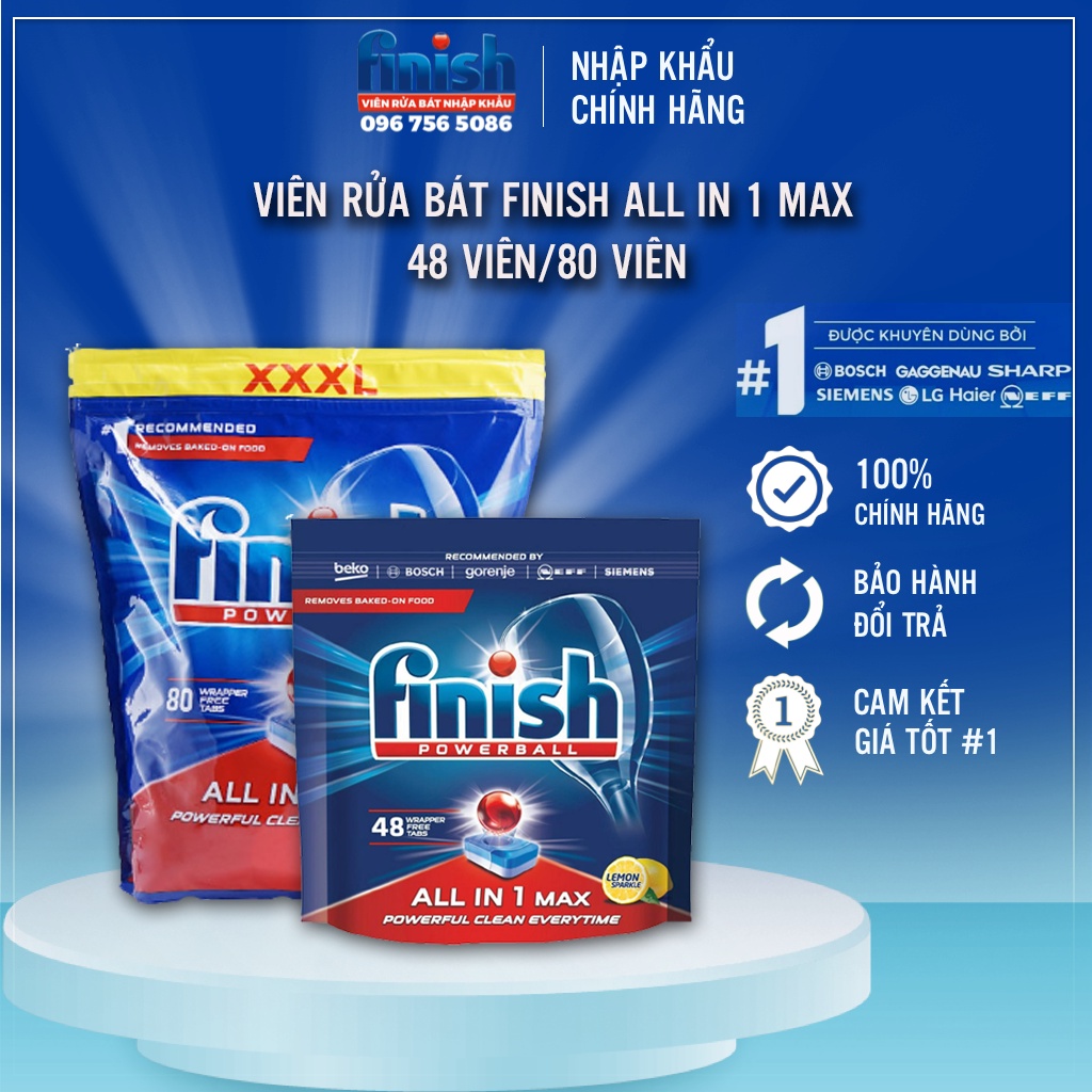 Viên rửa bát Finish All in 1 Max size 48 viên/ 80 viên, làm sạch mạnh mẽ, loại bỏ dầu mỡ, bảo vệ máy khỏi cặn vôi