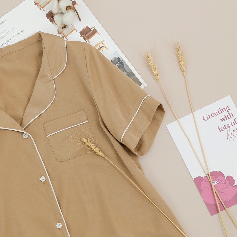 Bộ Pijama lụa trơn MOMOJAMA áo cộc quần cộc, bộ đồ mặc nhà cute chất liệu lụa tằm, size từ 40 -70kg, M1922 | BigBuy360 - bigbuy360.vn