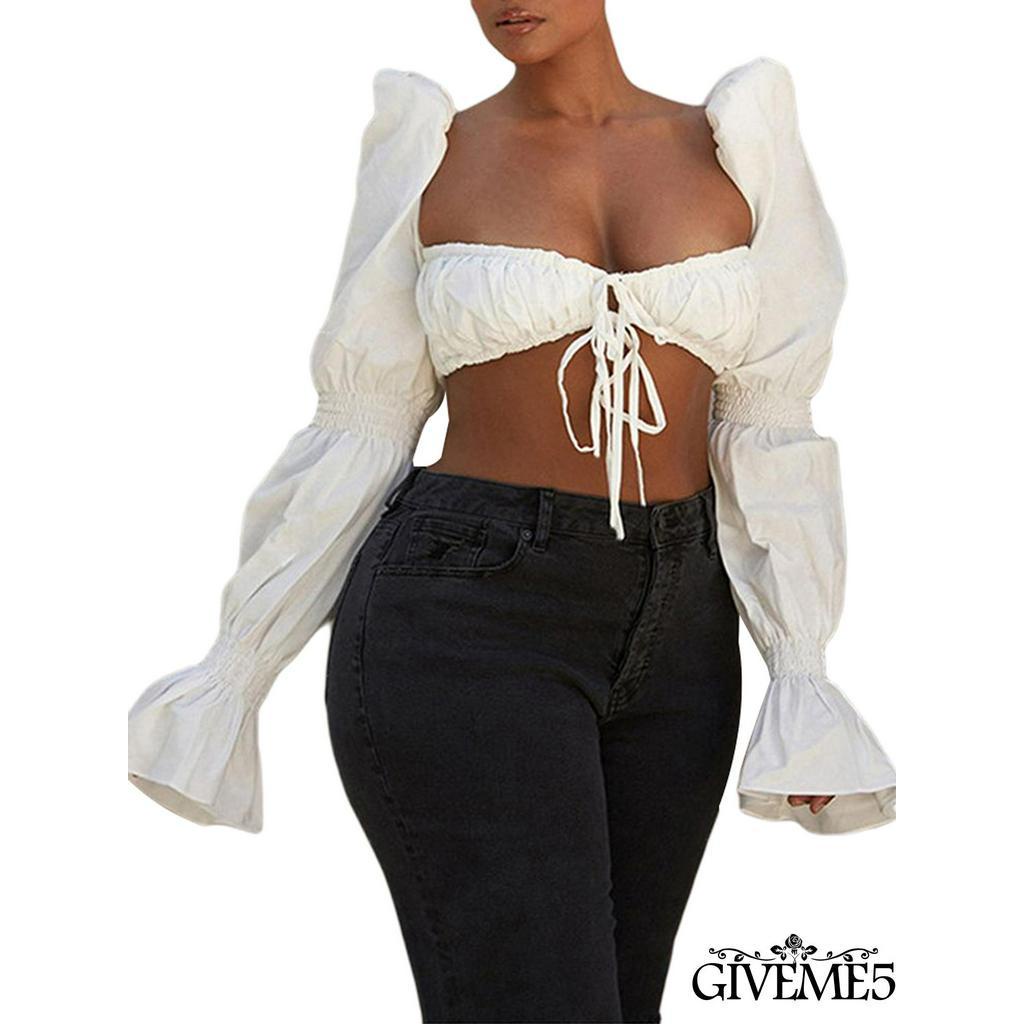 Áo Lửng Tay Phồng Thắt Nơ Thời Trang Dịu Dàng Dành Cho Nữ