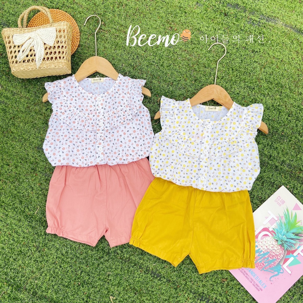 Bộ Thô Hoa Nhí Yếm Bèo Be Gái Beemo Vải Thô Hàn Dễ Thương [Có sẵn]
