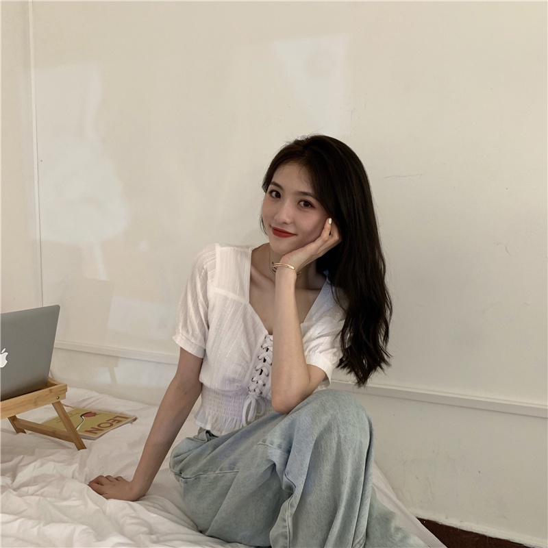 SUXI Áo Sơ Mi Tay Ngắn Cổ Vuông Màu Sắc Đơn Giản Thời Trang Mùa Hè Xinh Xắn Cho Nữ