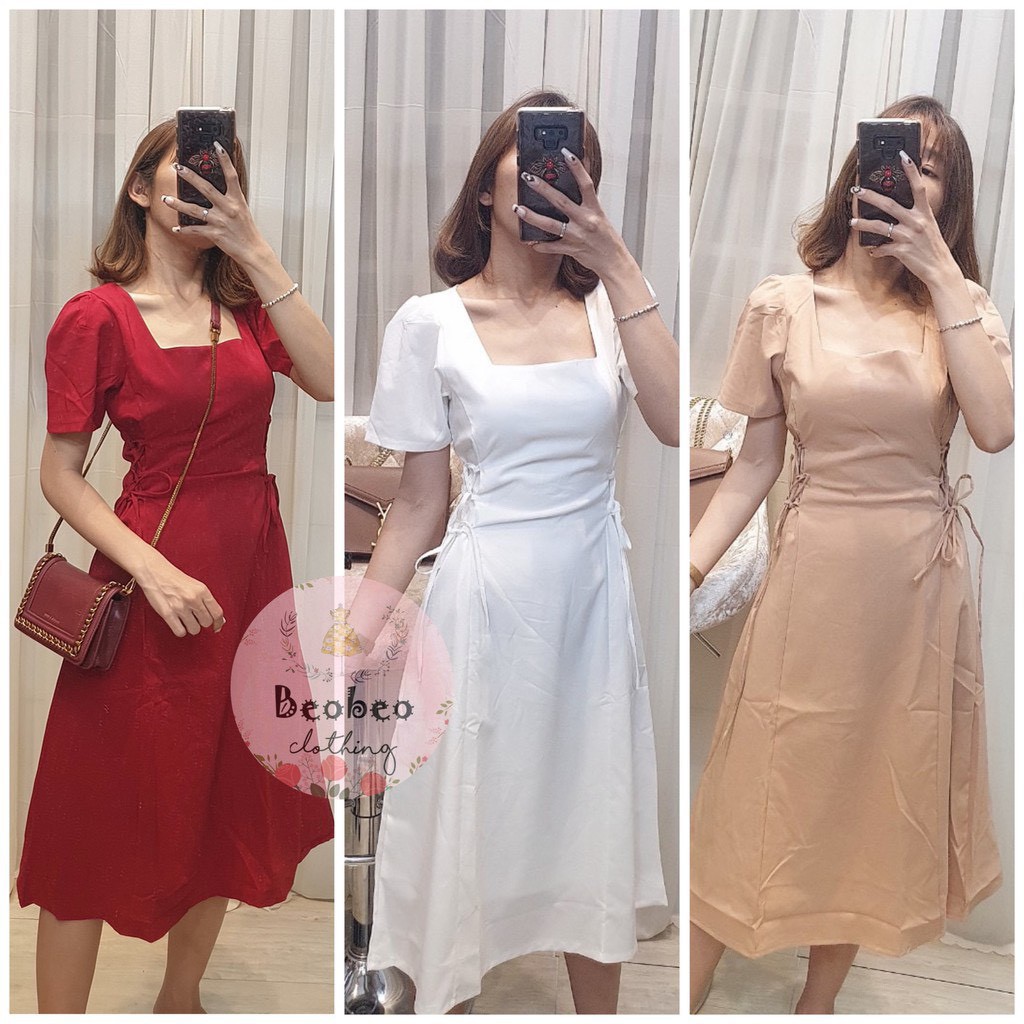 Đầm maxi dài xòe 2 lớp cổ vuông đan dây rút điều chỉnh eo tôn dáng - Alita Dress(Có Ảnh Thật)