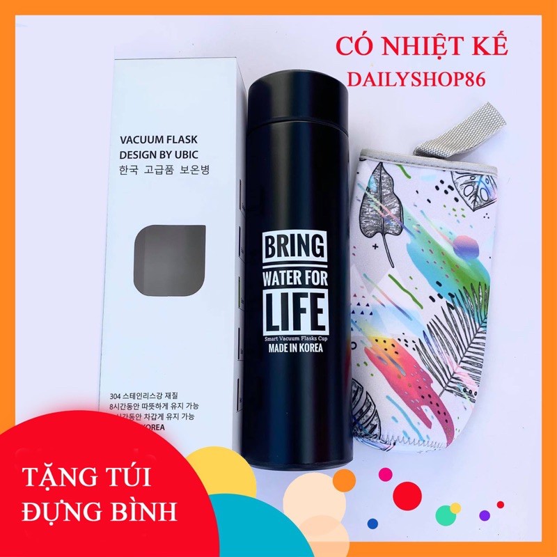Bìn giữ nhiệt có nhiệt kế KOREA số 1 Hàn Quốc màu đen tặng kèm túi đựng bình