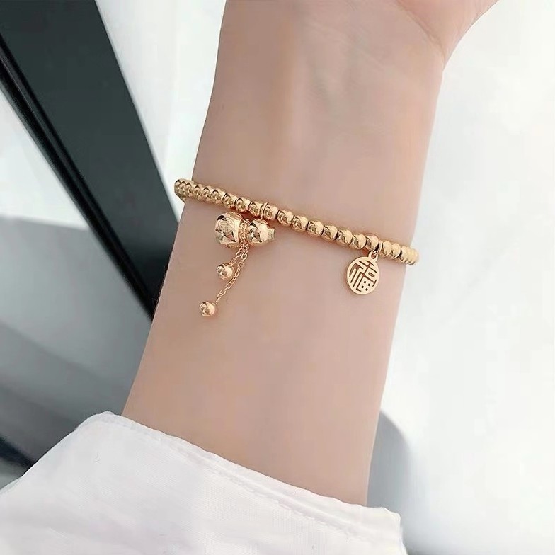 Vòng Đeo Tay May Mắn Bằng Thép Titanium Mạ Vàng Hồng 18K Mặt Hình Quả Bầu Phối Dây Co Giãn